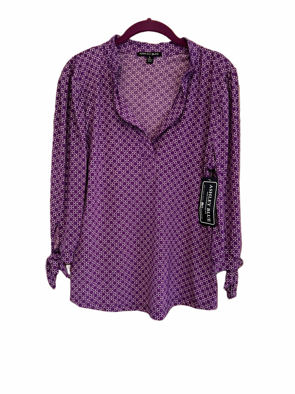 Ashley Blue Purple Geometric Print Tie-Sleeve Blouse